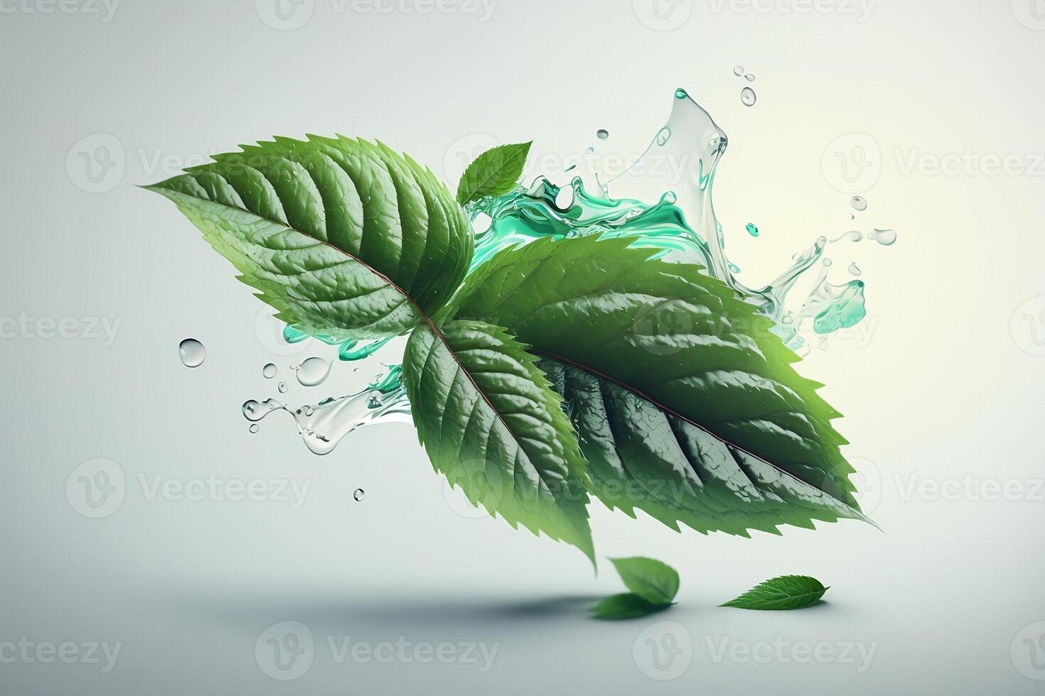 Fresh green leaves of peppermint with water splashing isolated on white background. photo