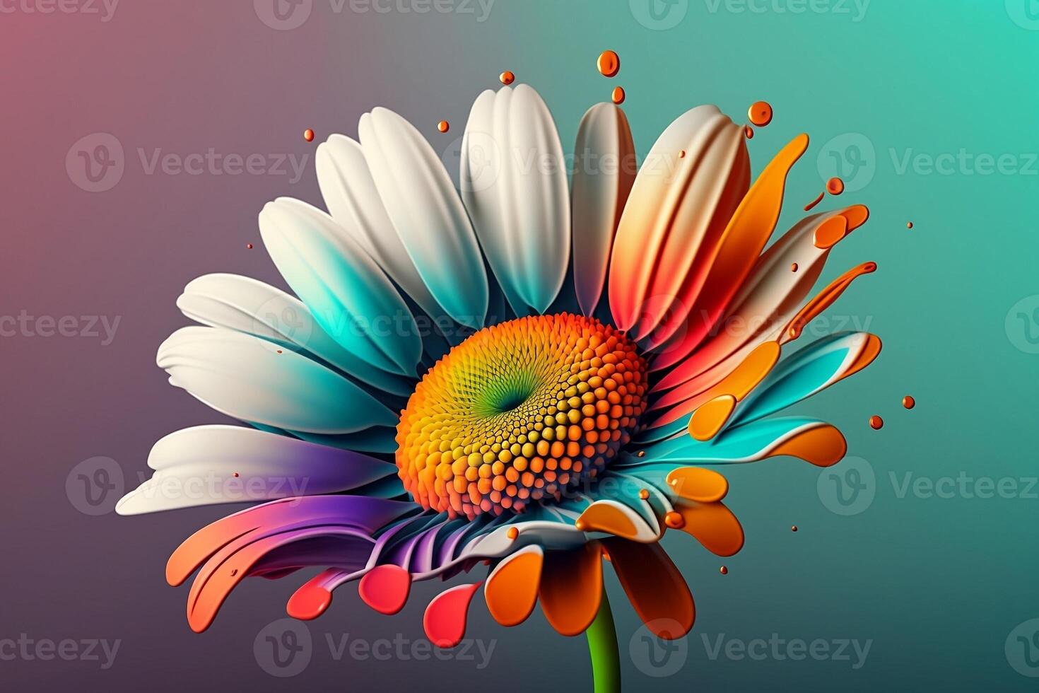 Close-up 3d realistic colorful camomile with paint drops isolated on clean background. photo
