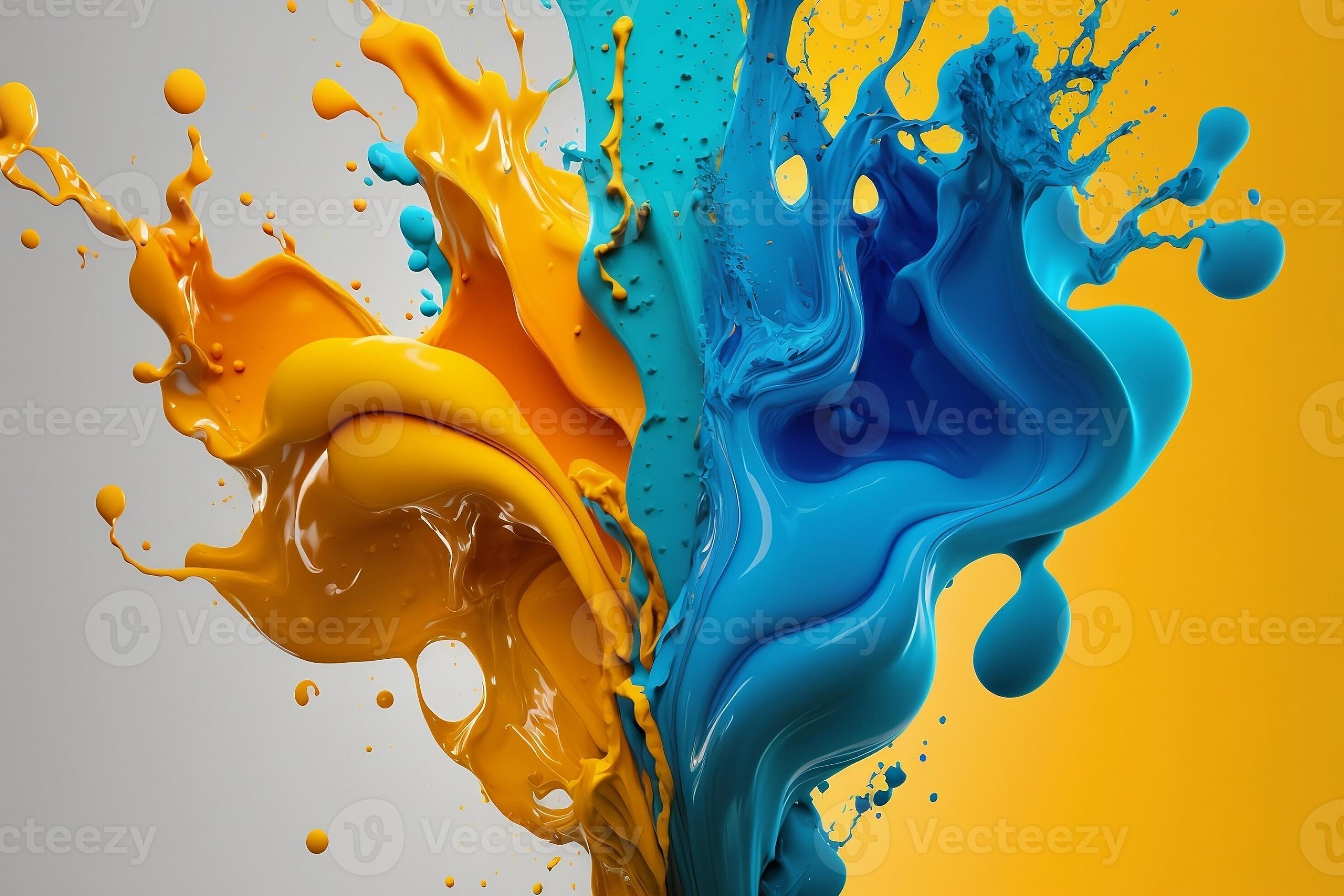 Closeup art of blue and yellow acrylic paint splashing. Generative AI