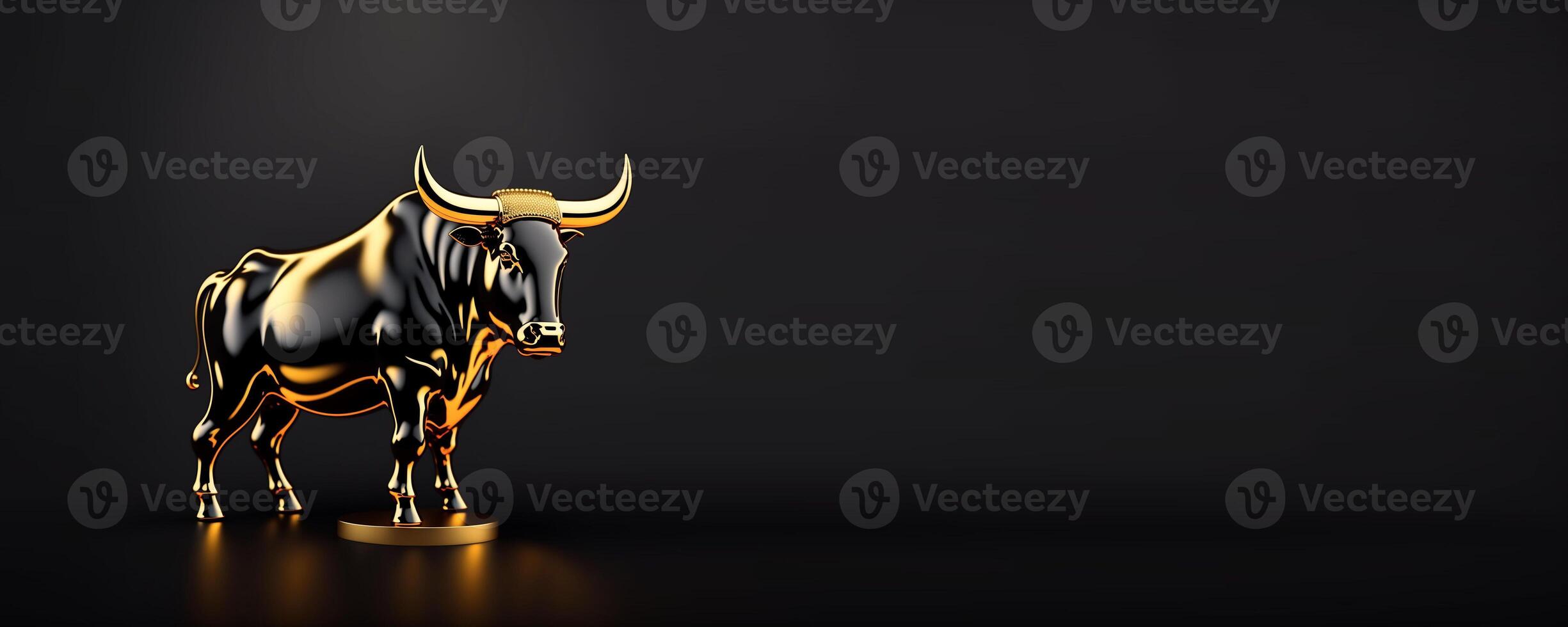 Black and gold crypto bull statuette isolated on a black banner. Symbol of financial growth in a technological style. Place for text. photo