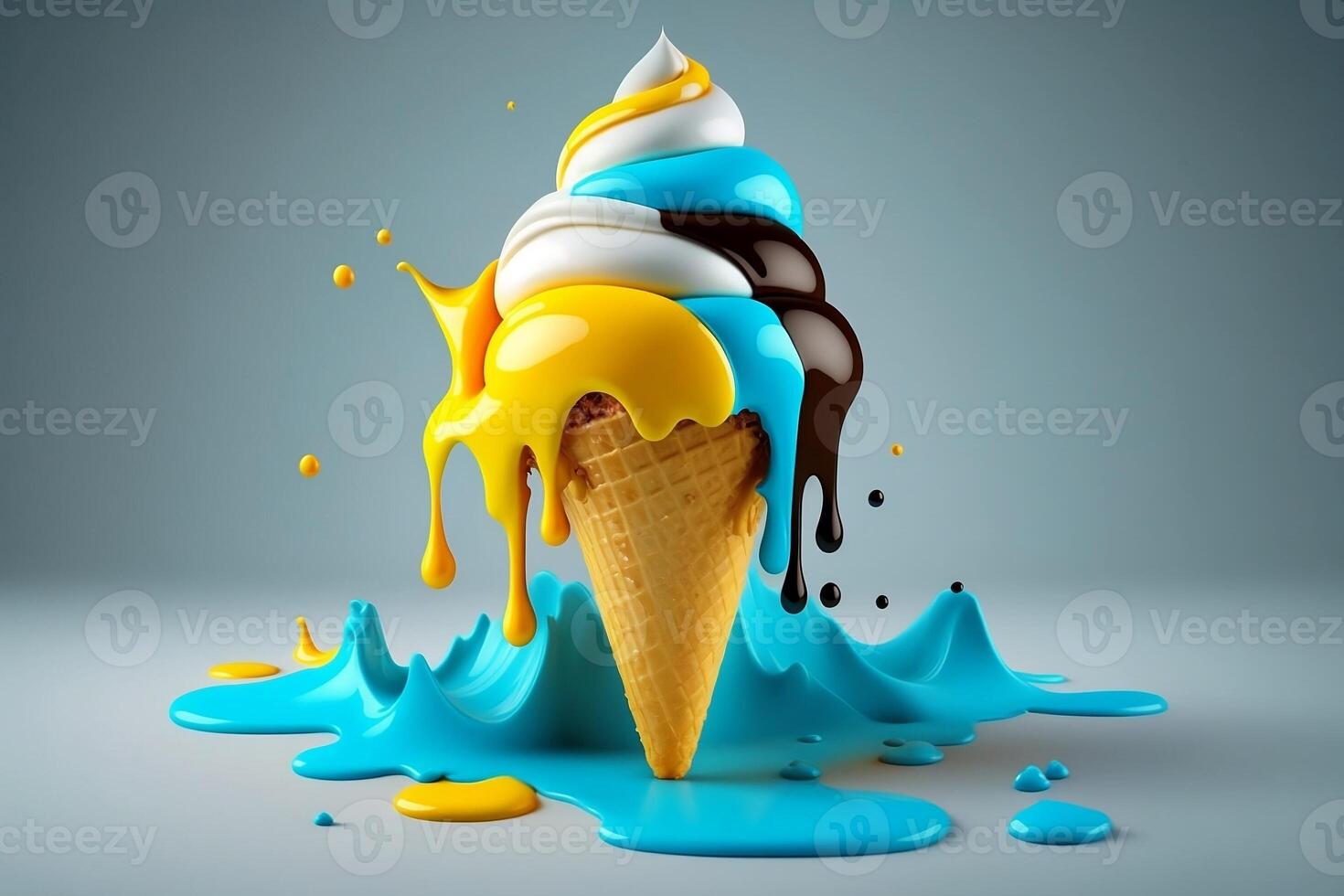 Melting ice cream cone with sweet yellow and blue caramel isolated on a clean background. photo