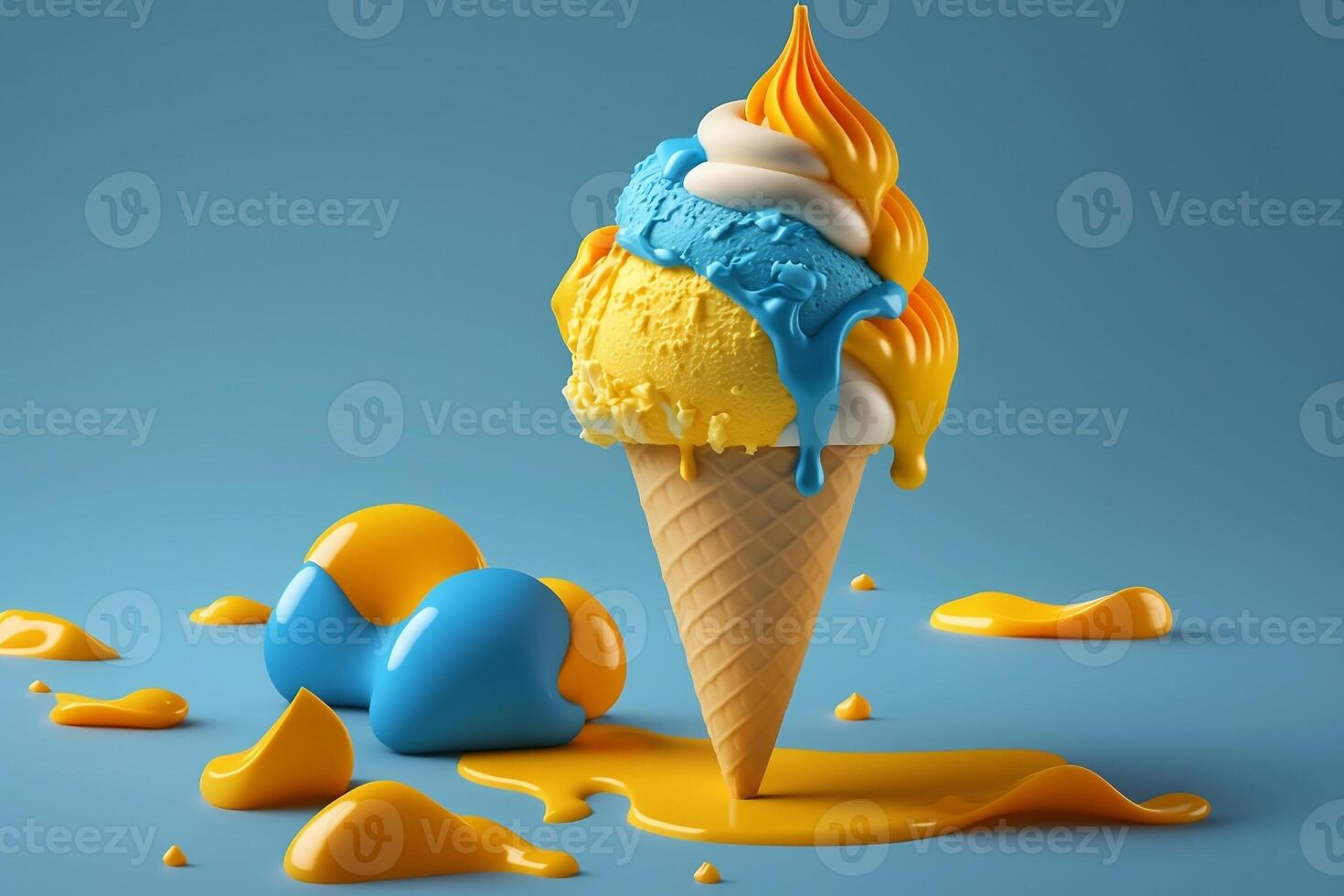 Melting ice cream cone with sweet yellow and blue caramel isolated on a clean background. photo