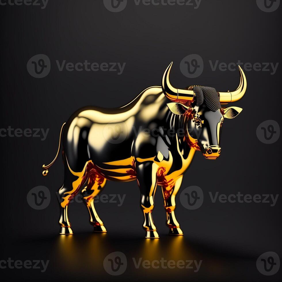 Black and gold crypto bull statuette isolated on a black background. Symbol of financial growth in a technological style. photo