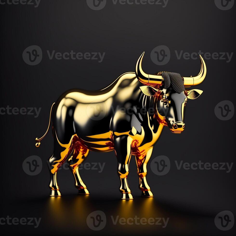 negro y oro cripto toro estatuilla aislado en un negro antecedentes. símbolo de financiero crecimiento en un tecnológico estilo. generativo ai foto