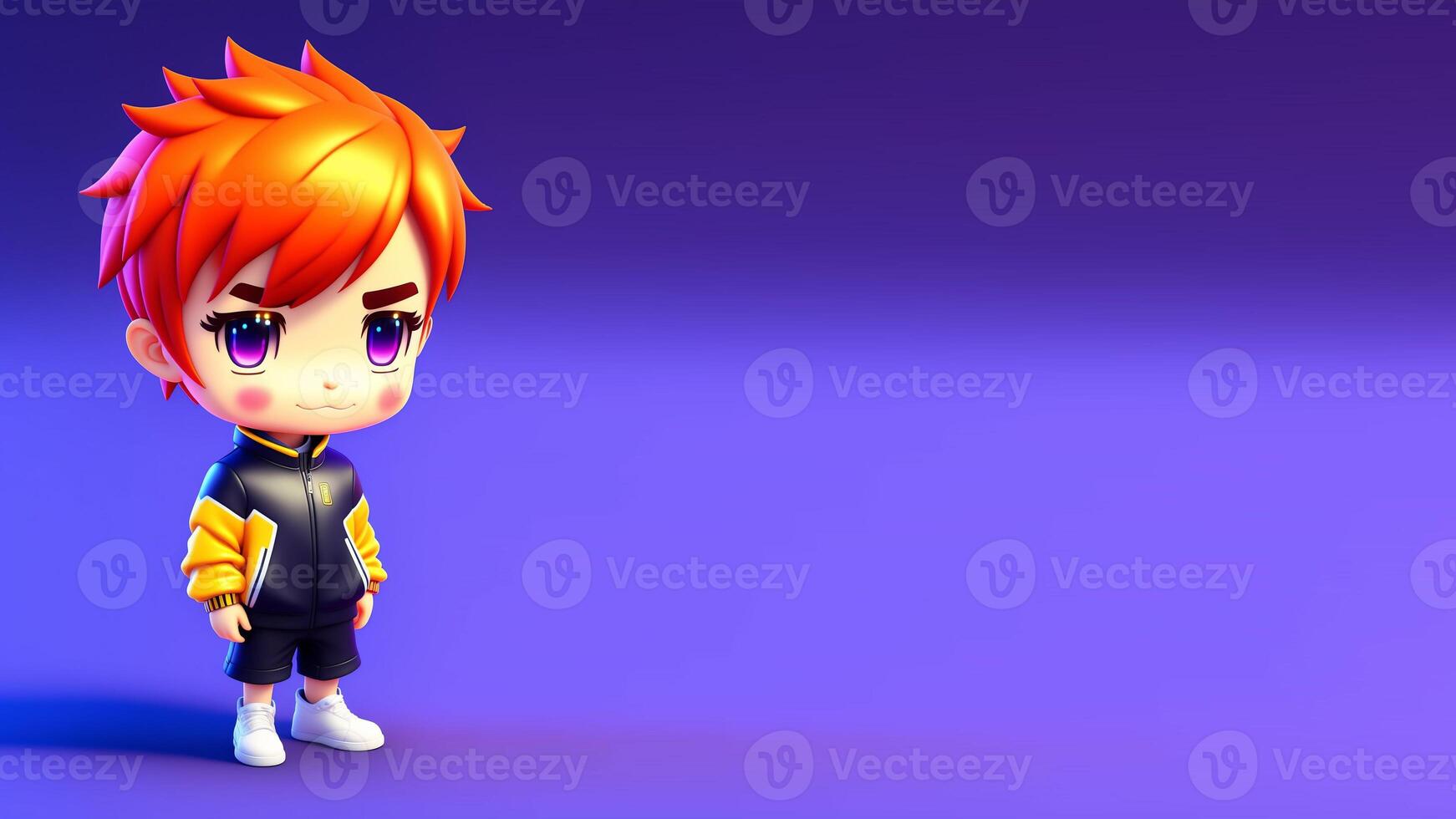 3D cute Anime Chibi Style boy character isolated on blue background. Children's Day banner. photo