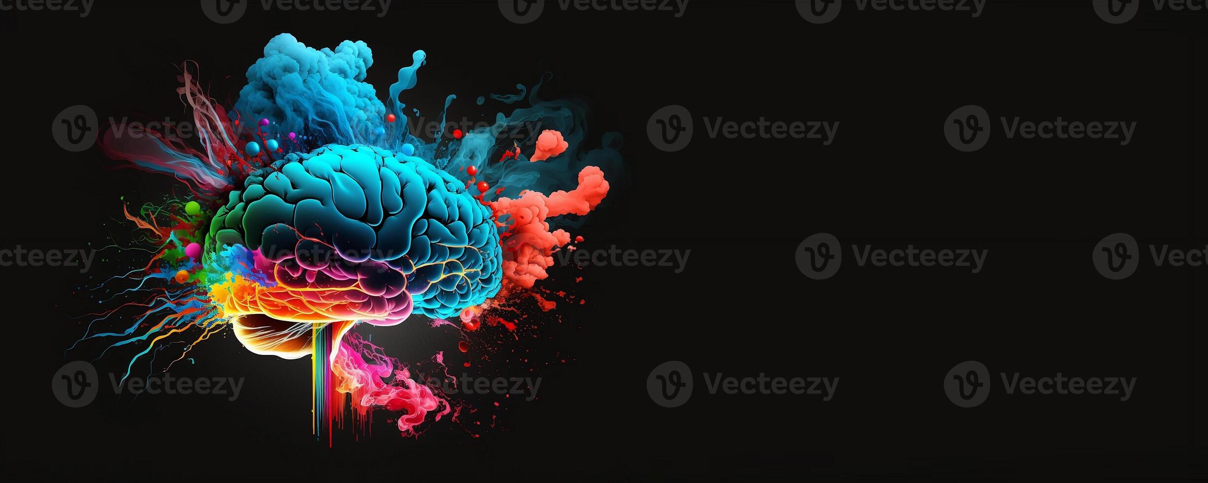 Virtual brain with bright explosion isolated on black banner. Brainstorm concept. Place for text. photo