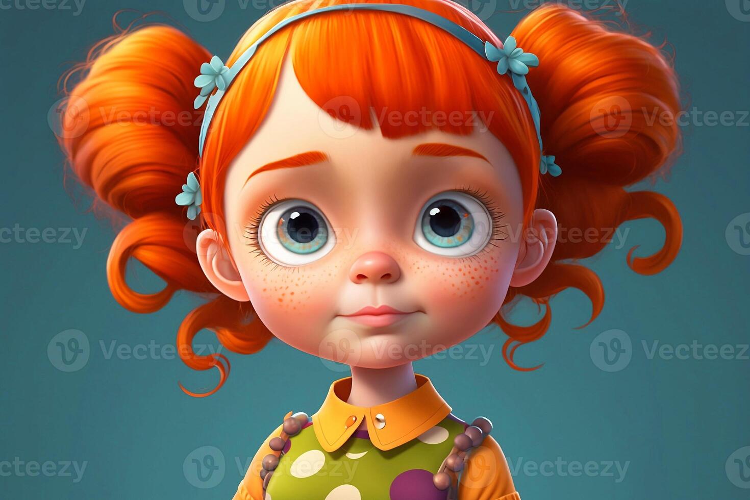 Cute cartoon redhead girl isolated on clean background. Children's Day. Avatar. photo