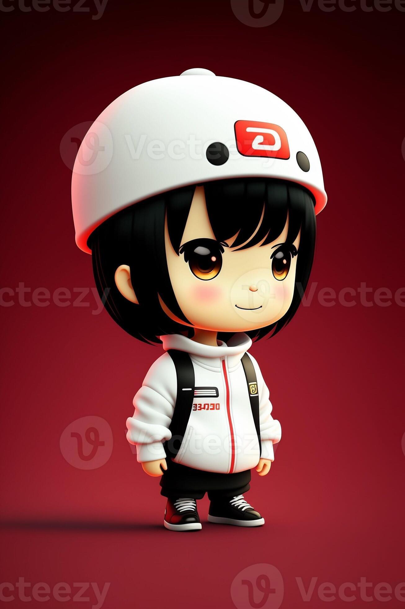 3D cute Anime Chibi Style boy character isolated on red background