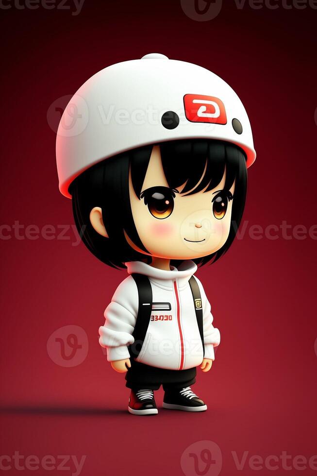 3D cute Anime Chibi Style boy character isolated on red background. Children's Day. Avatar. photo