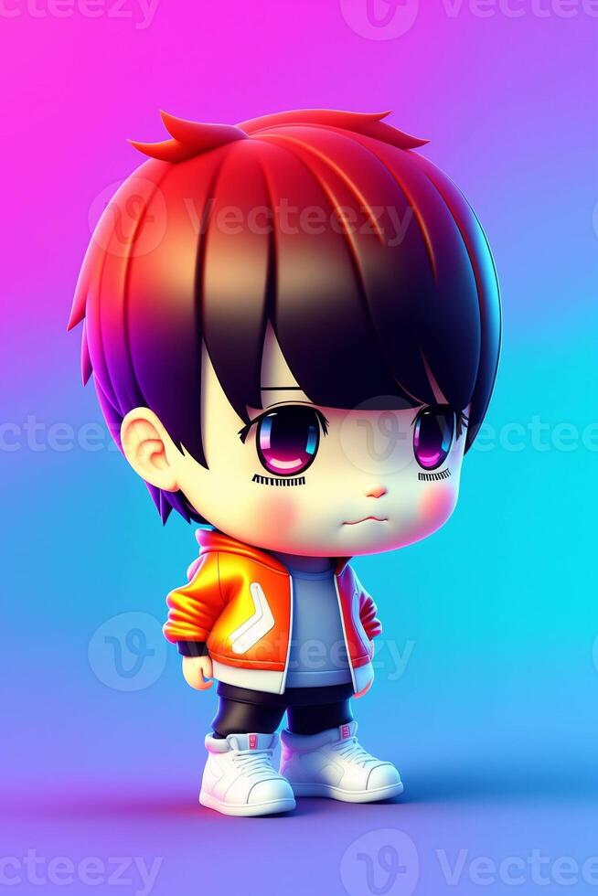 3D cute Anime Chibi Style boy character isolated on blue background. Children's Day. Avatar. photo