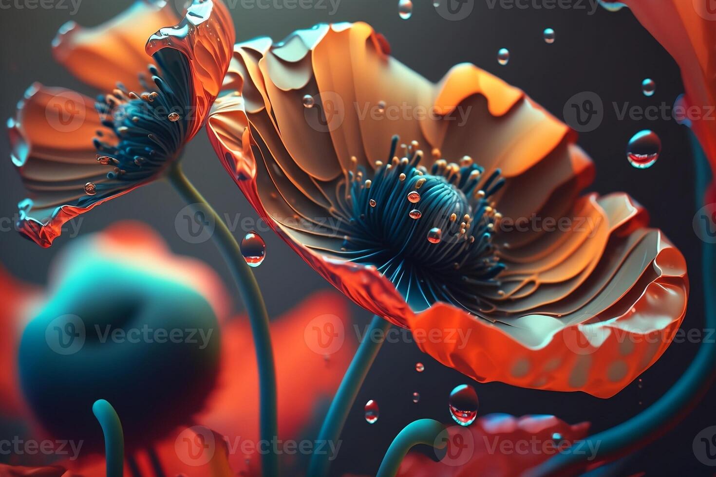 Close-up red poppy with water drops isolated on dark background. Artwork of decorative flowers for Memorial Day. photo