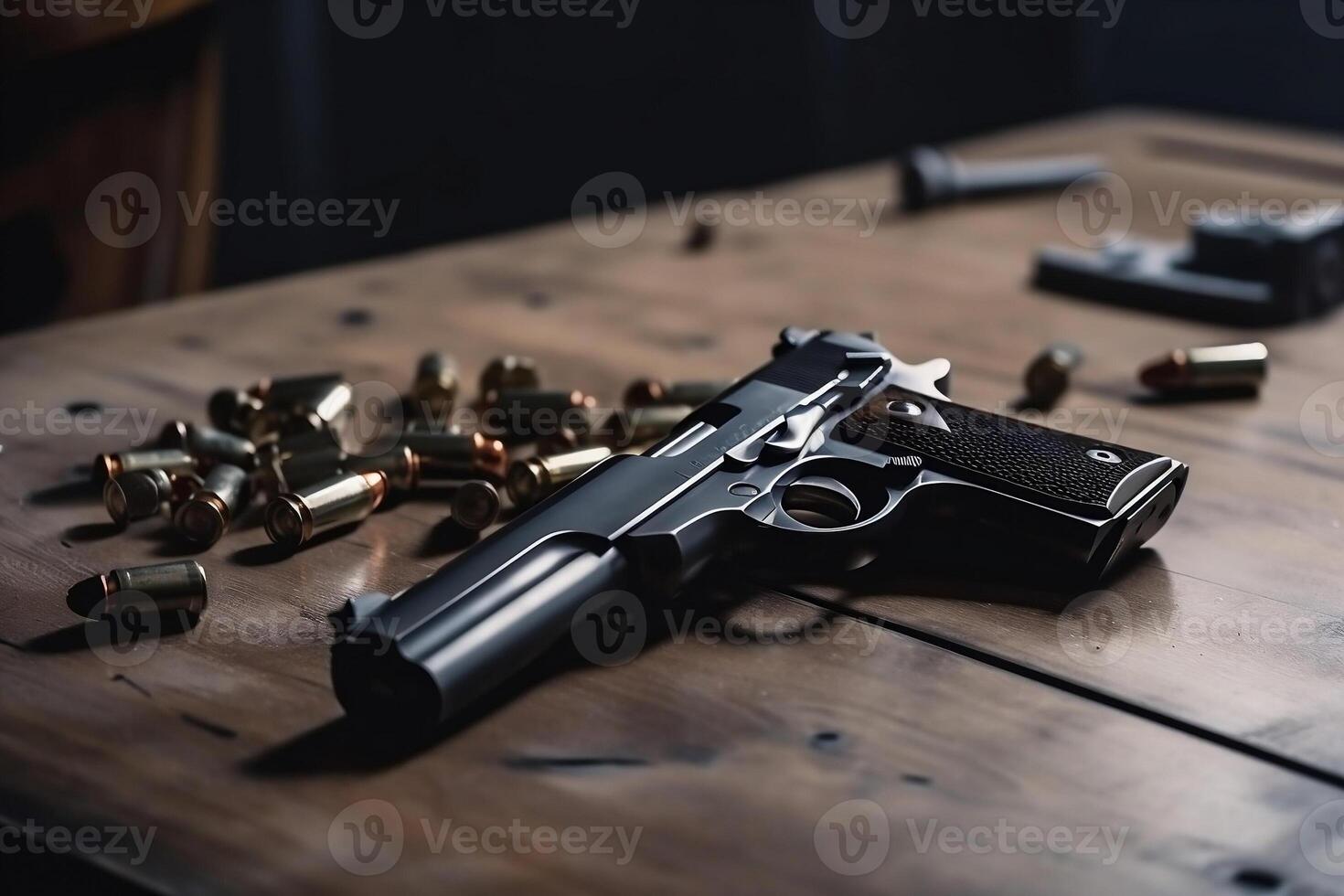 Gun and bullets on the table. photo