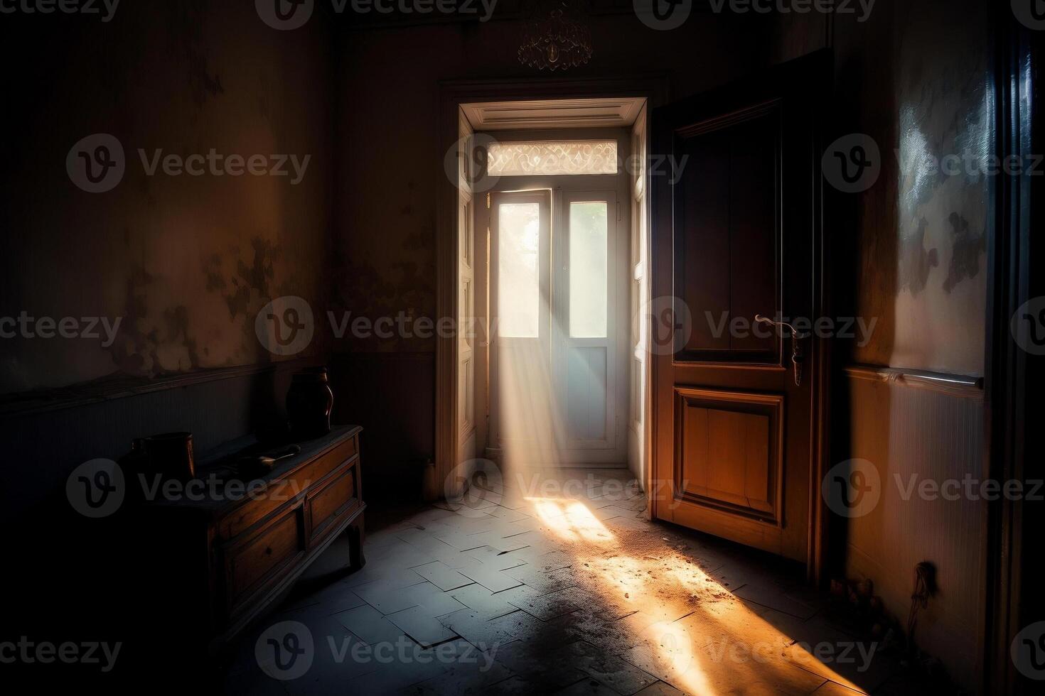 Light from the exposed trees of the old house. photo