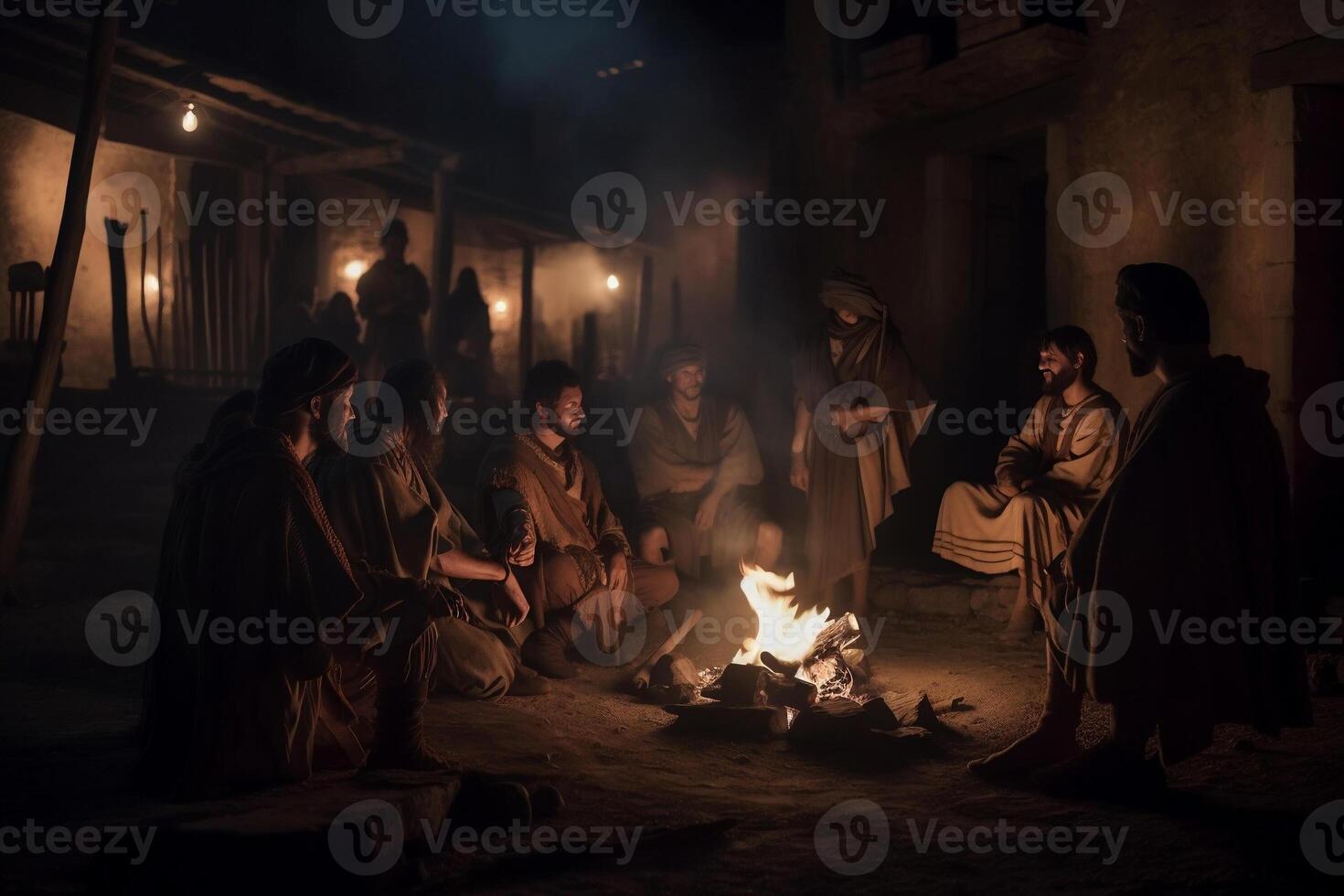 People sitting the fire night Roman Empire. photo
