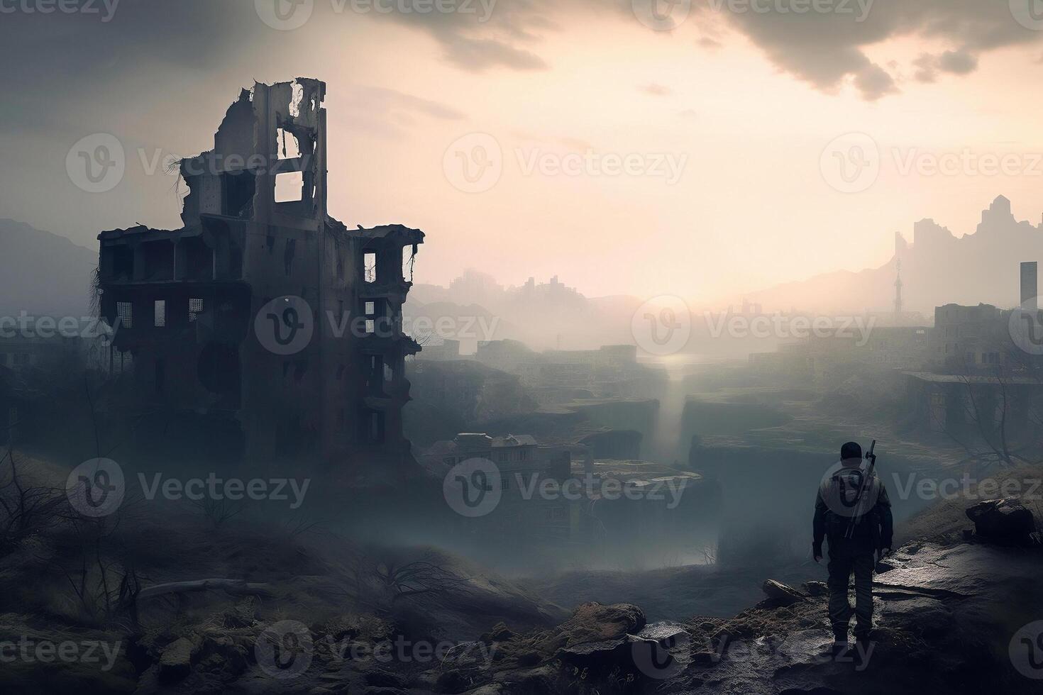 lonely stalker and ruined deserted city. photo