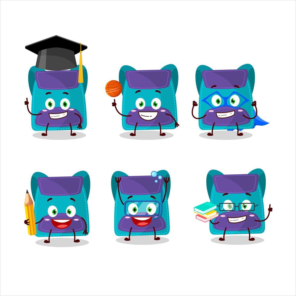 colegio estudiante de azul bolso dibujos animados personaje con varios expresiones vector