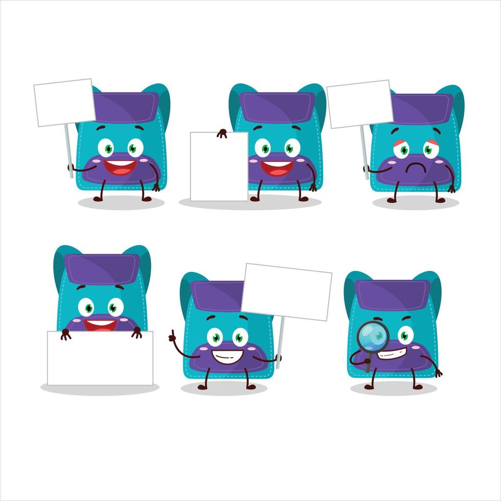 Blue bag cartoon character bring information board vector