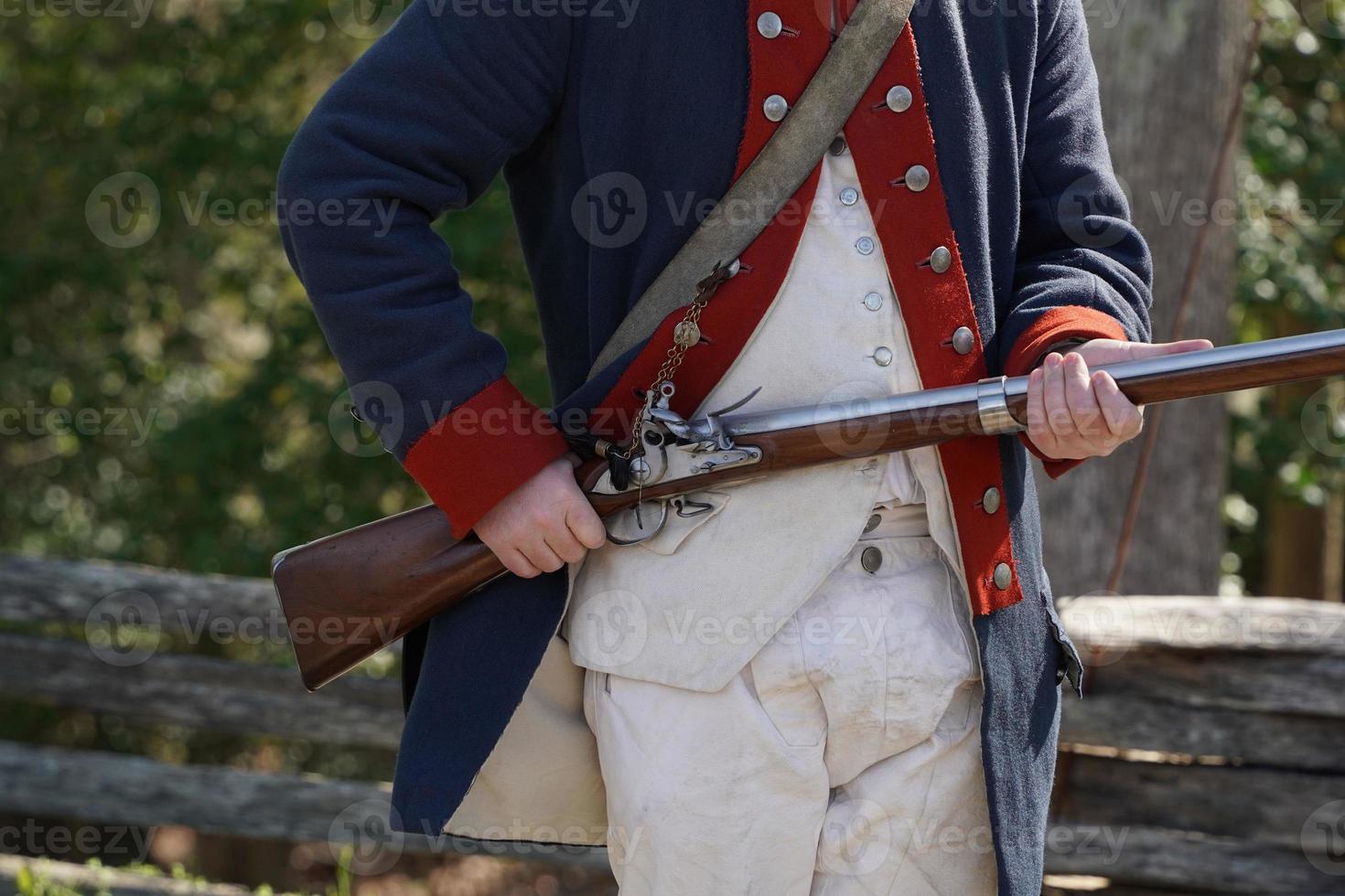 musket on hands of American Revolution british soldier settler in Yorktown, Virginia photo