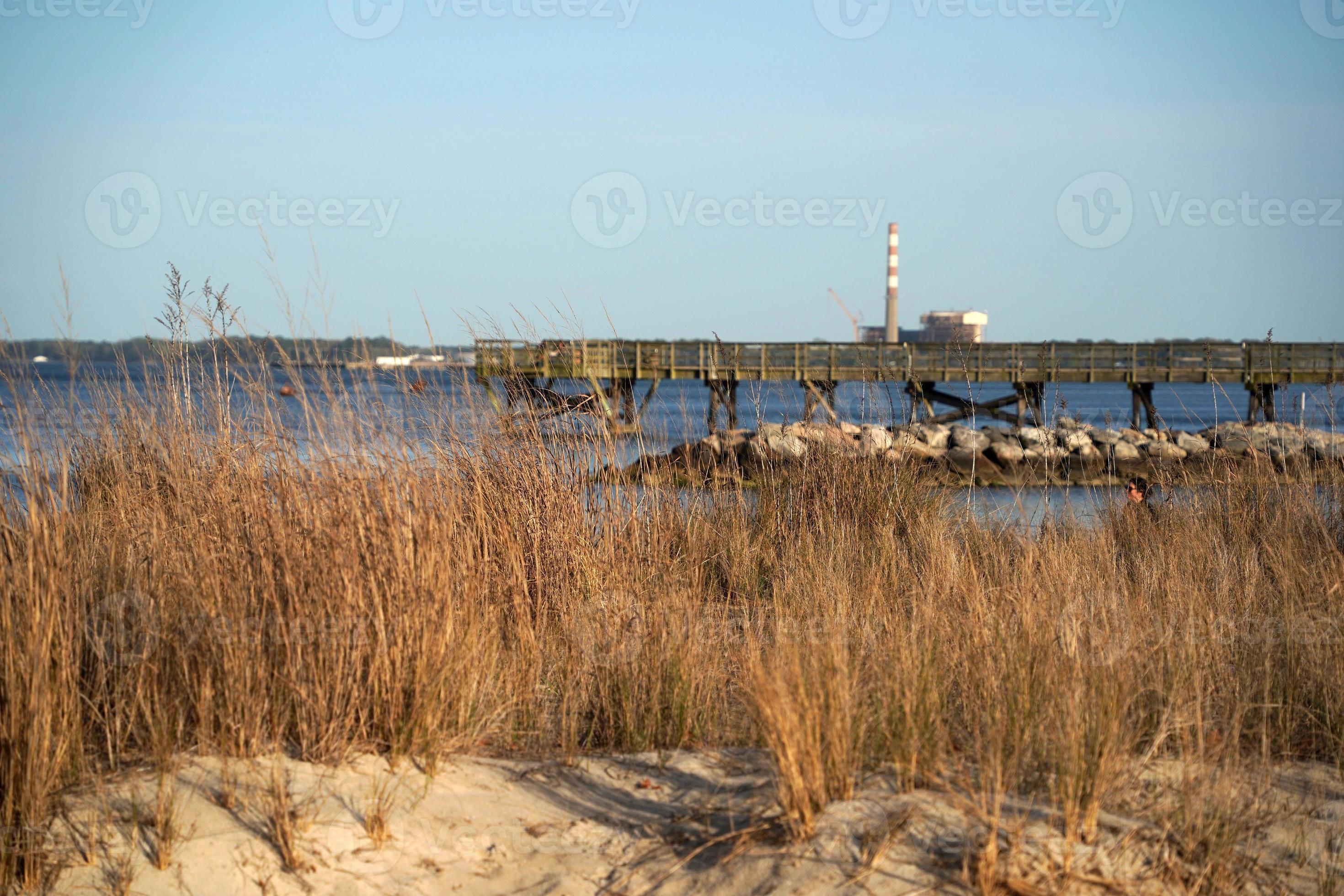 The York river and beach in Yorktown Virginia overlooking the Coleman