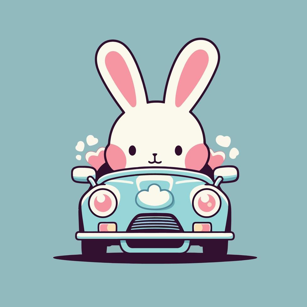 A cartoon rabbit driving a car with a blue background. vector