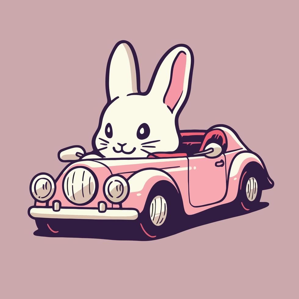 A rabbit in a car with a pink background. vector