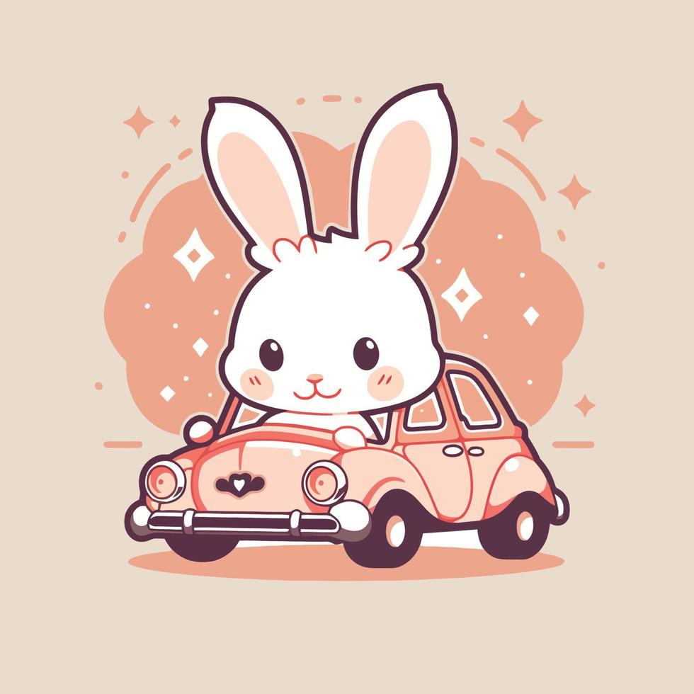 Bunny driving a car cartoon character illustration vector