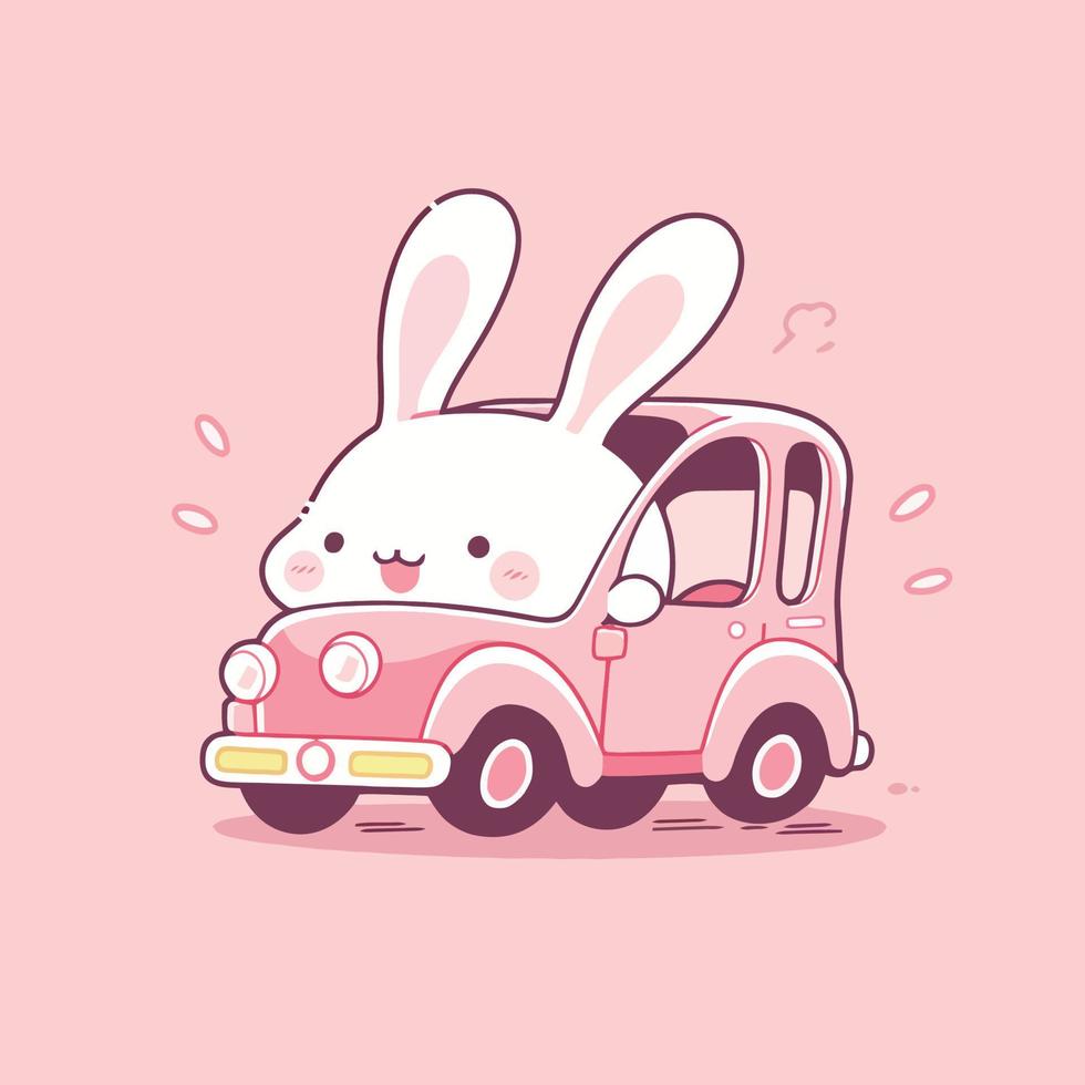 A cartoon rabbit with a pink car on a pink background. vector