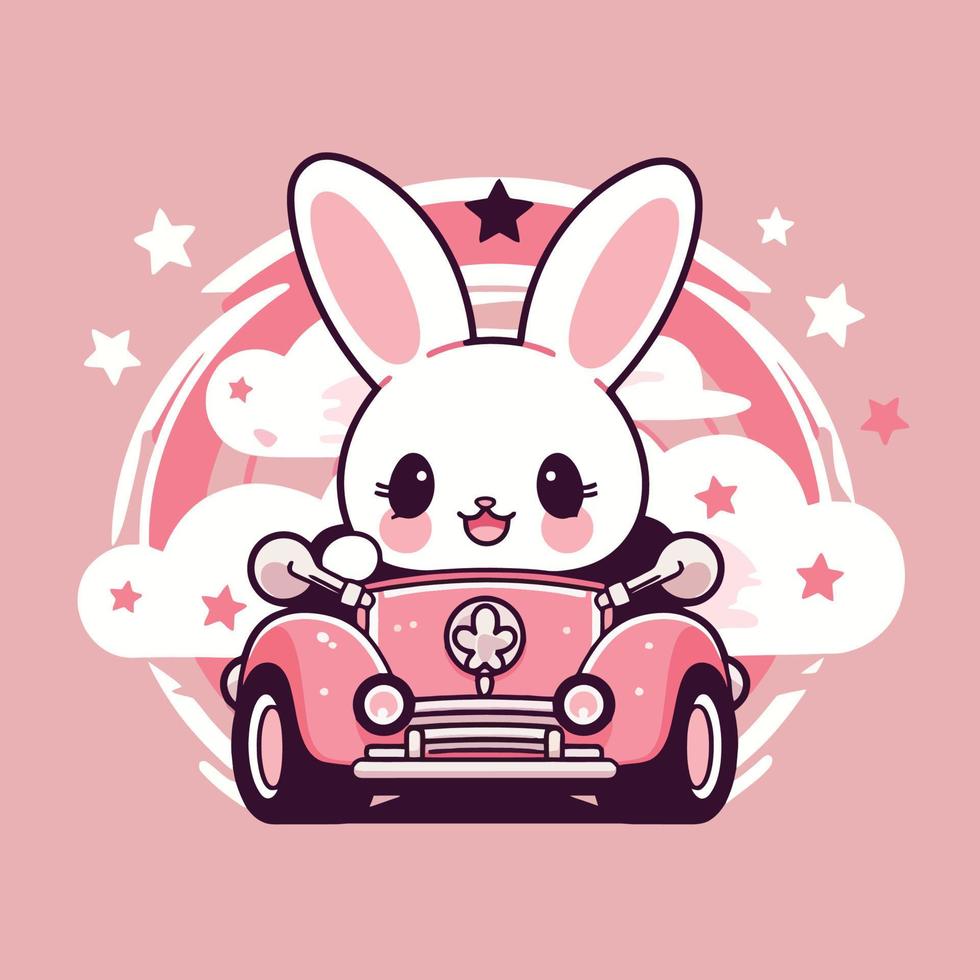 A cute bunny driving a car with a star on the top. vector