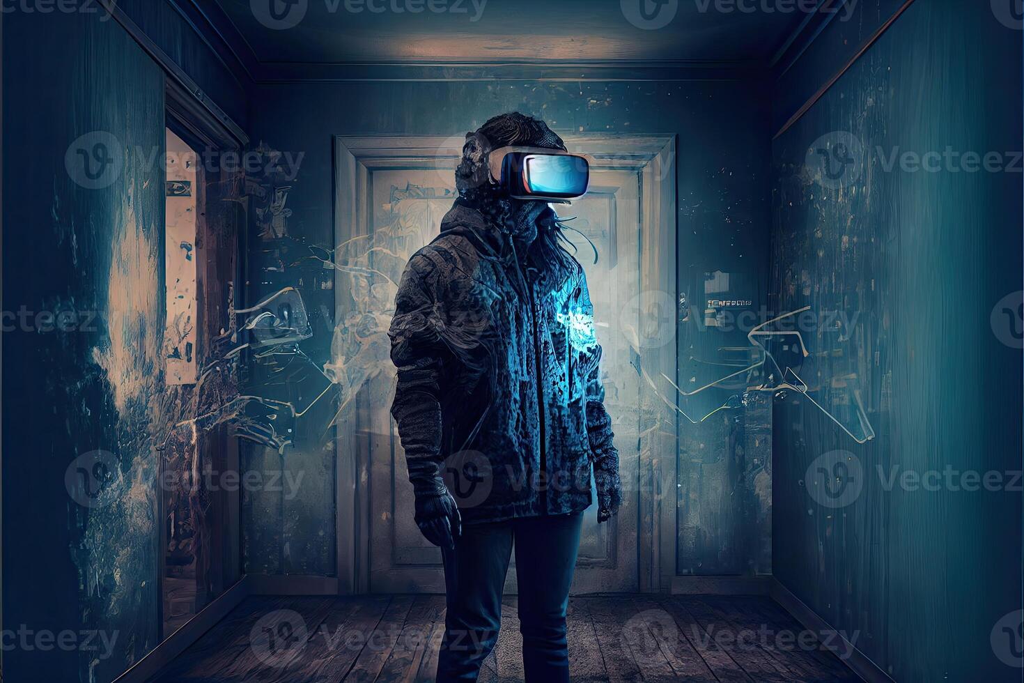 Metaverse concept and virtual world elements. virtual reality headset photo