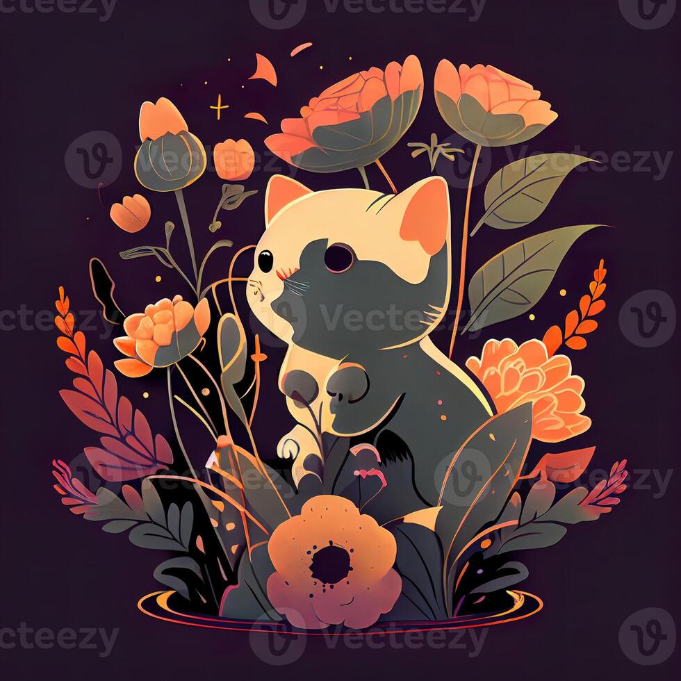 Floral Cartoon Cute Cat - Ai Generated 22720751 Stock Photo at Vecteezy