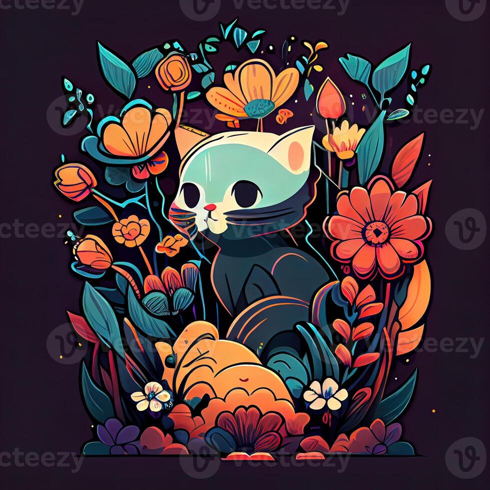 Floral Cartoon Cute Cat - photo