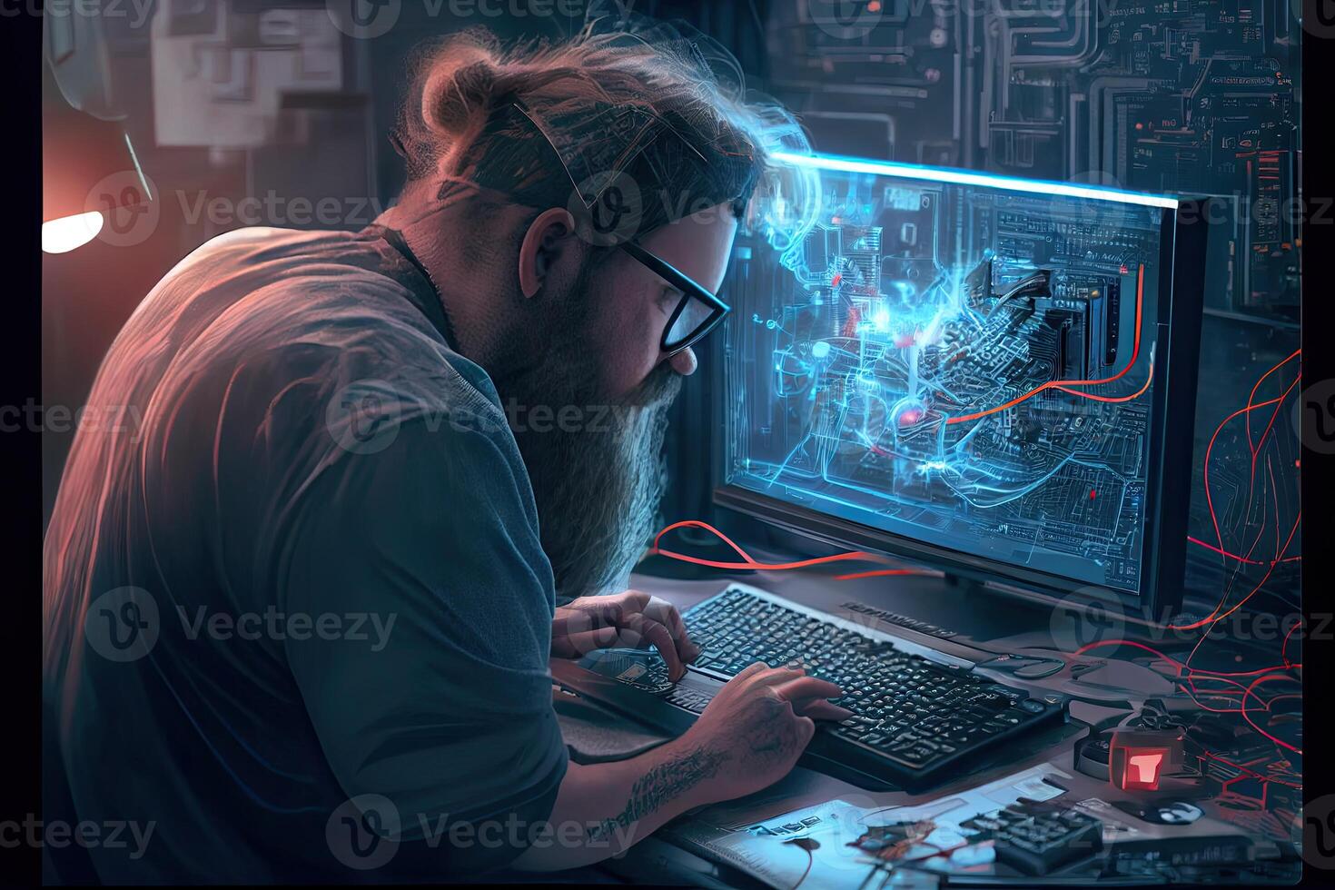 Blockchain technology and network concept Businessman blockchain in hand with icons network connection on blue security and digital connection background photo