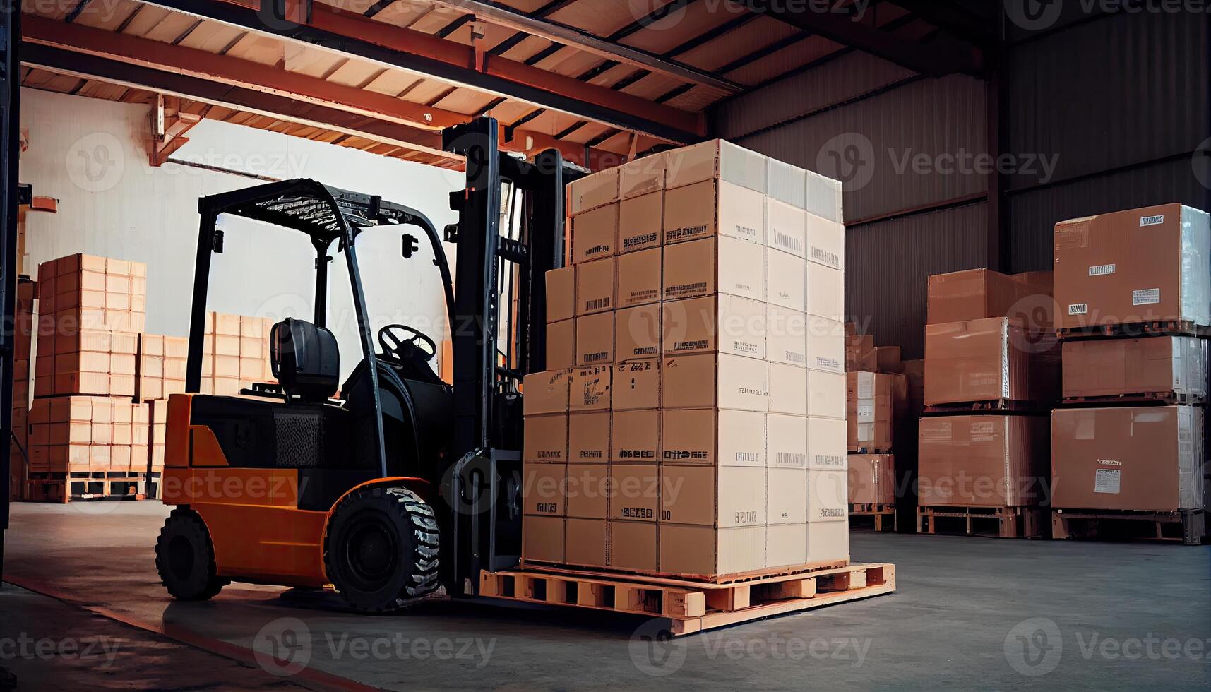 Forklift loads pallets and boxes in warehouse photo