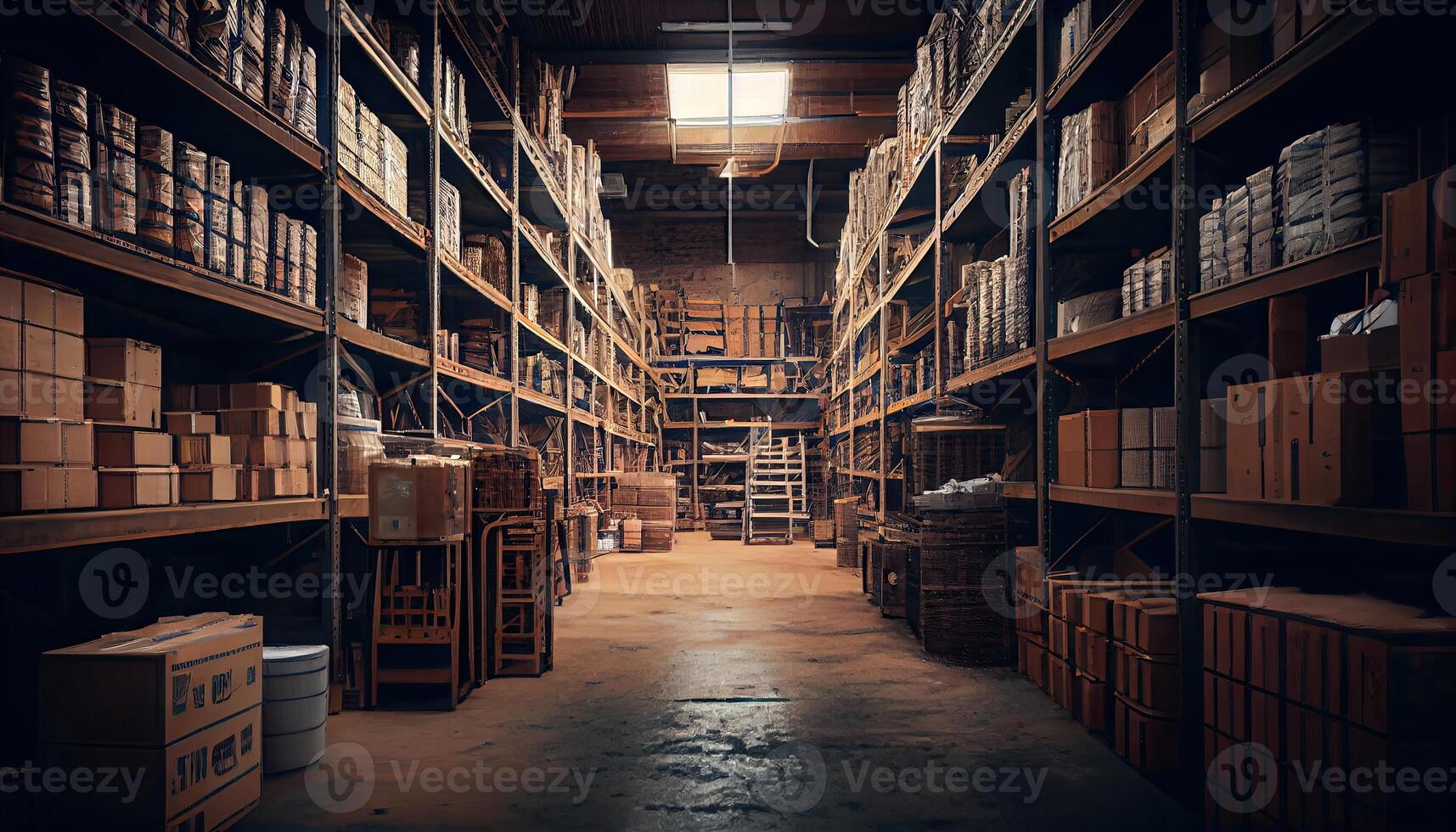 grande industrial almacén con estantería lleno de bienes generado ai foto