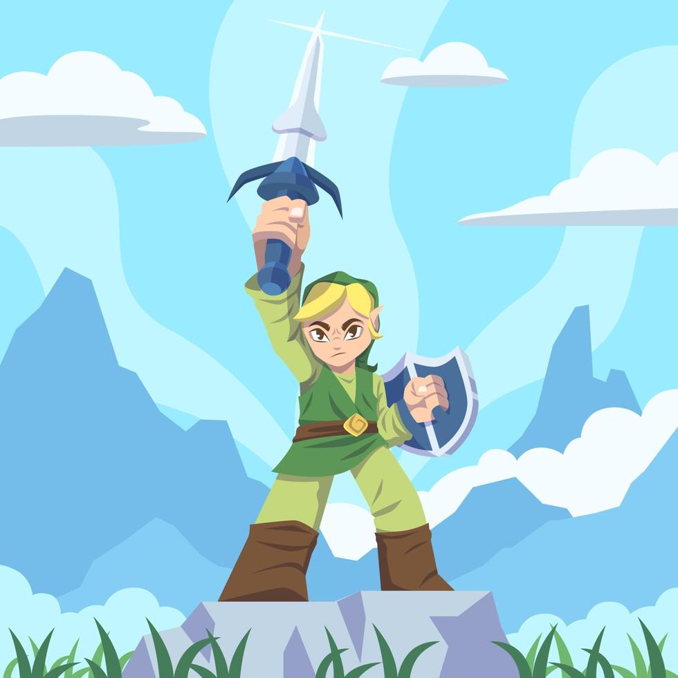 Swordsman with Shield in Adventure Game World vector