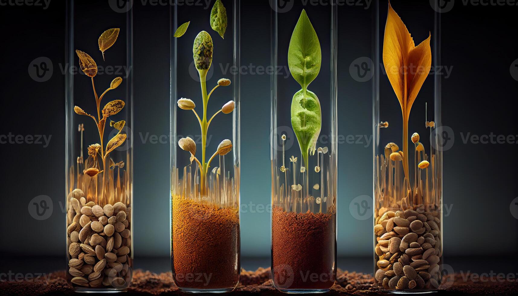 planta semillas en prueba tubos para genética investigación. laboratorio análisis de agrícola materias primas generado ai foto