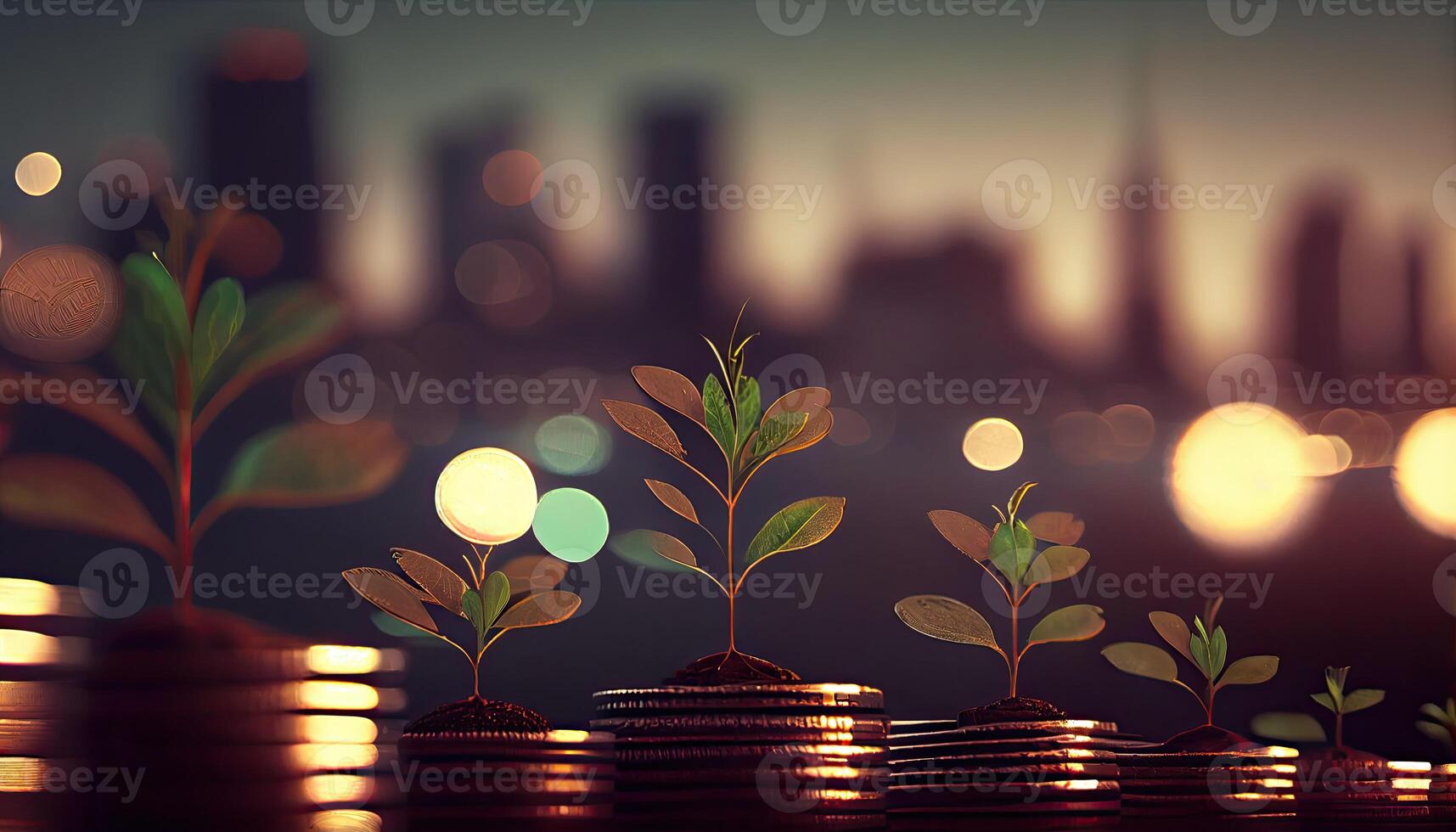 un fila de pilas de monedas con un planta creciente fuera de a ellos. árbol hoja en salvar dinero monedas, negocio Finanzas ahorro bancario inversión concepto generado ai foto