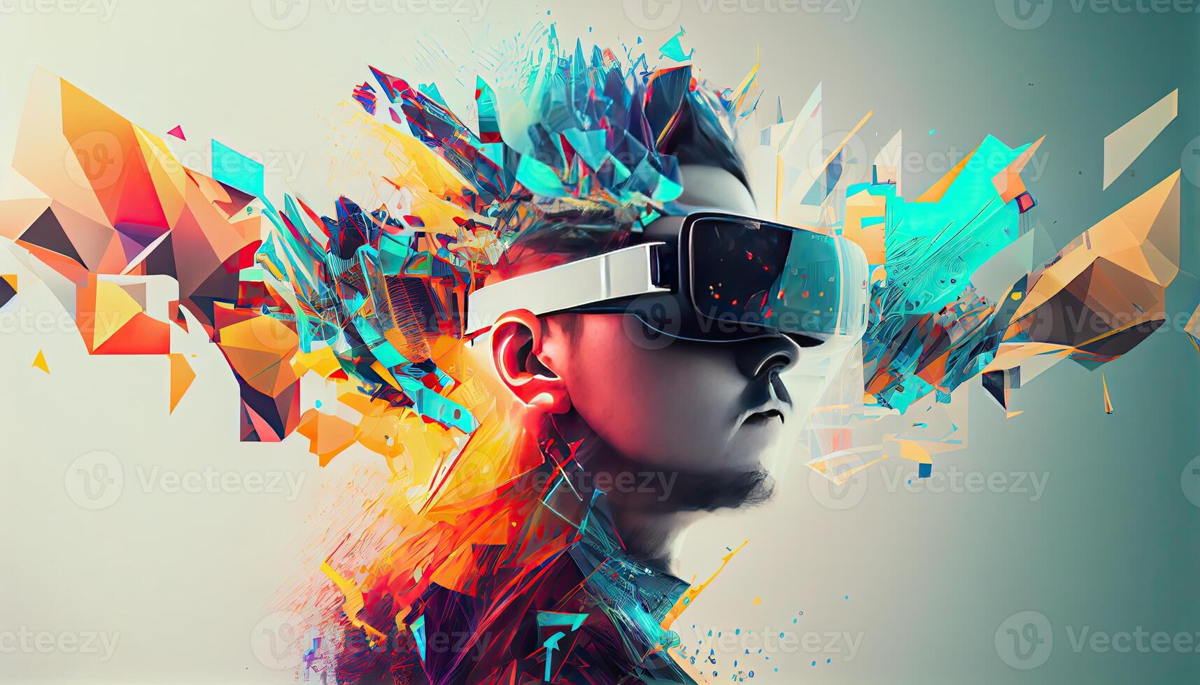 AI Metaverse concept collage design with wearing VR headset with smart glasses futuristic technology photo