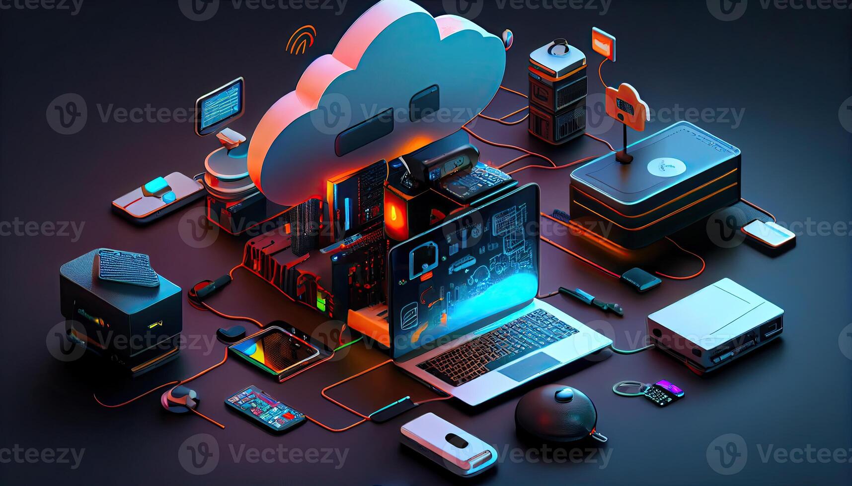 Cloud technology computing Devices connected to digital storage in the data center via the Internet IOT Smart Home Communication laptop tablet phone devices Businessman using Technology photo