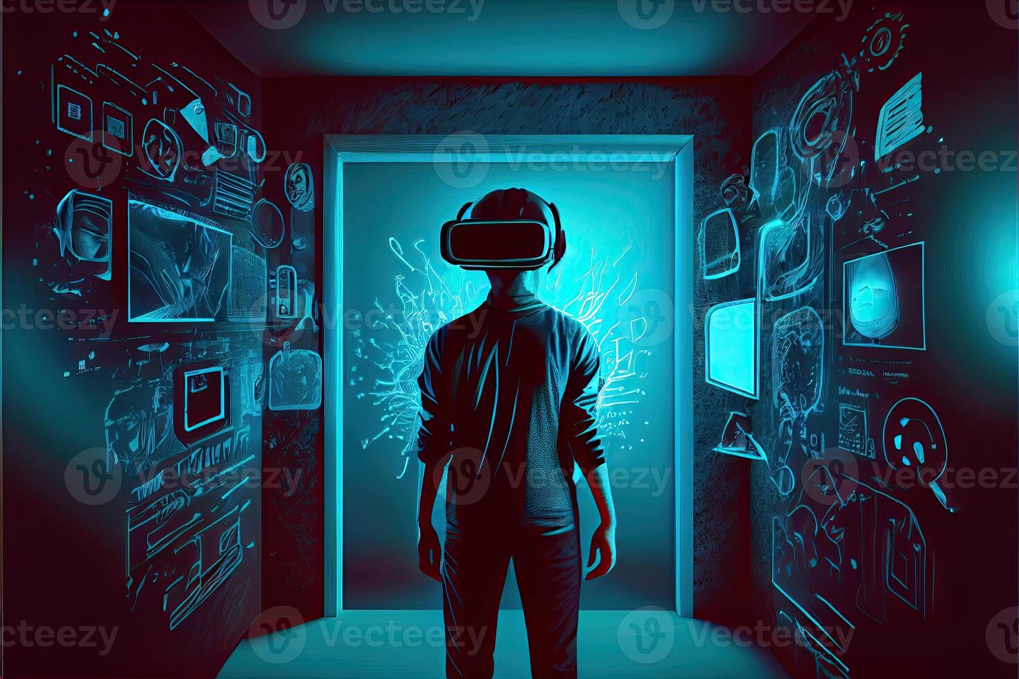 Metaverse concept and virtual world elements. virtual reality headset photo