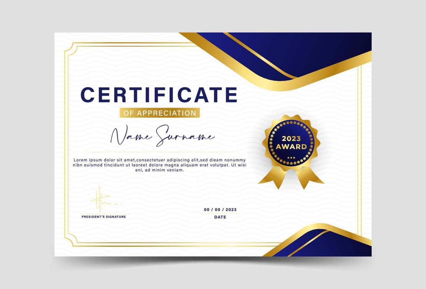 Award certificate template. fancy dark blue color gradation, with golden border vector