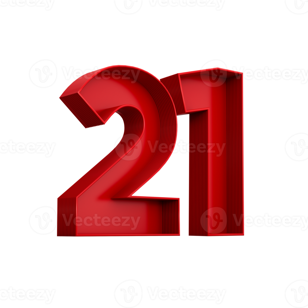 3d illustration of red number 21 or Twenty One inner shadow png