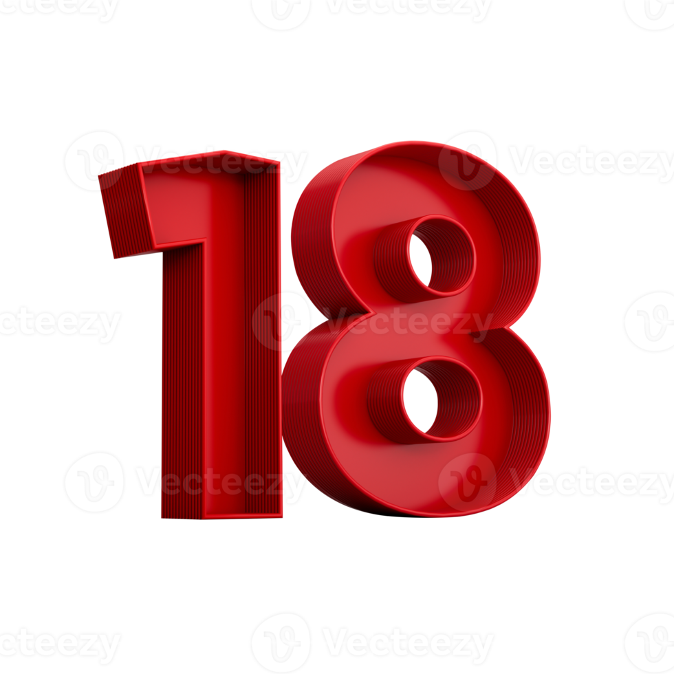 3d illustration of red number 18 or Eighteen inner shadow png