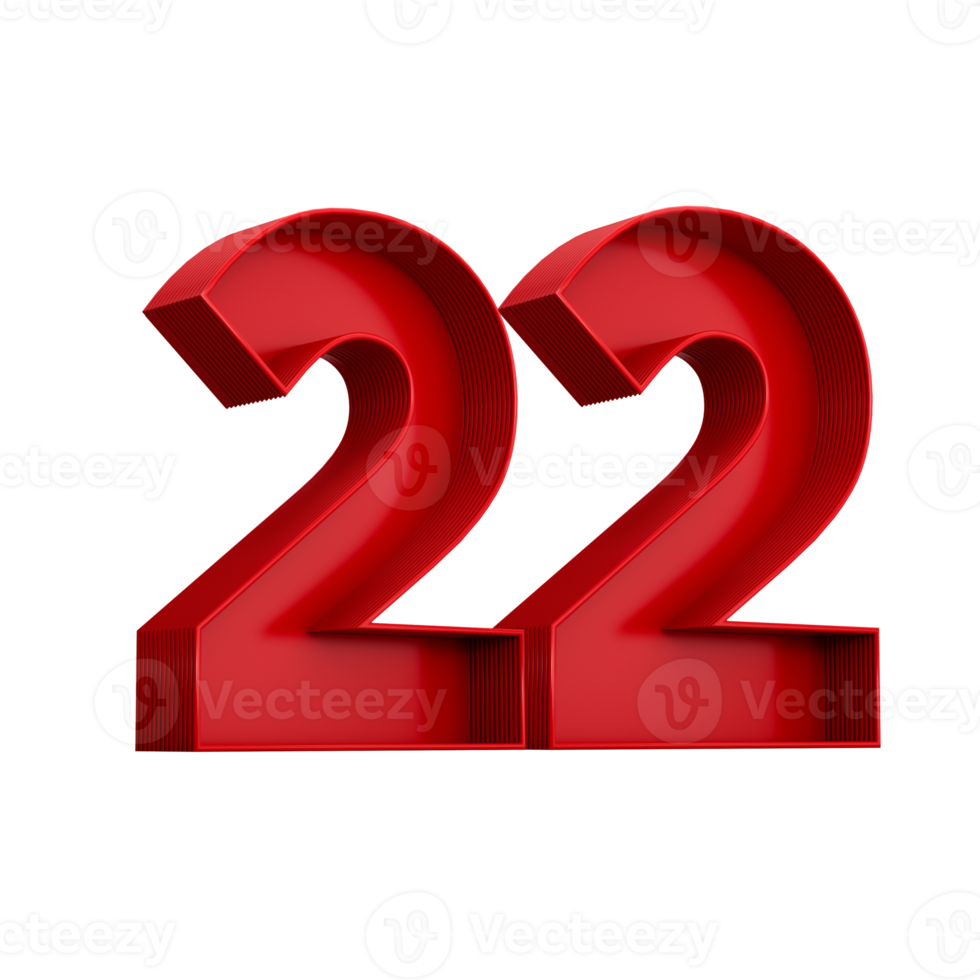 3d illustration of red number 22 or Twenty two inner shadow png