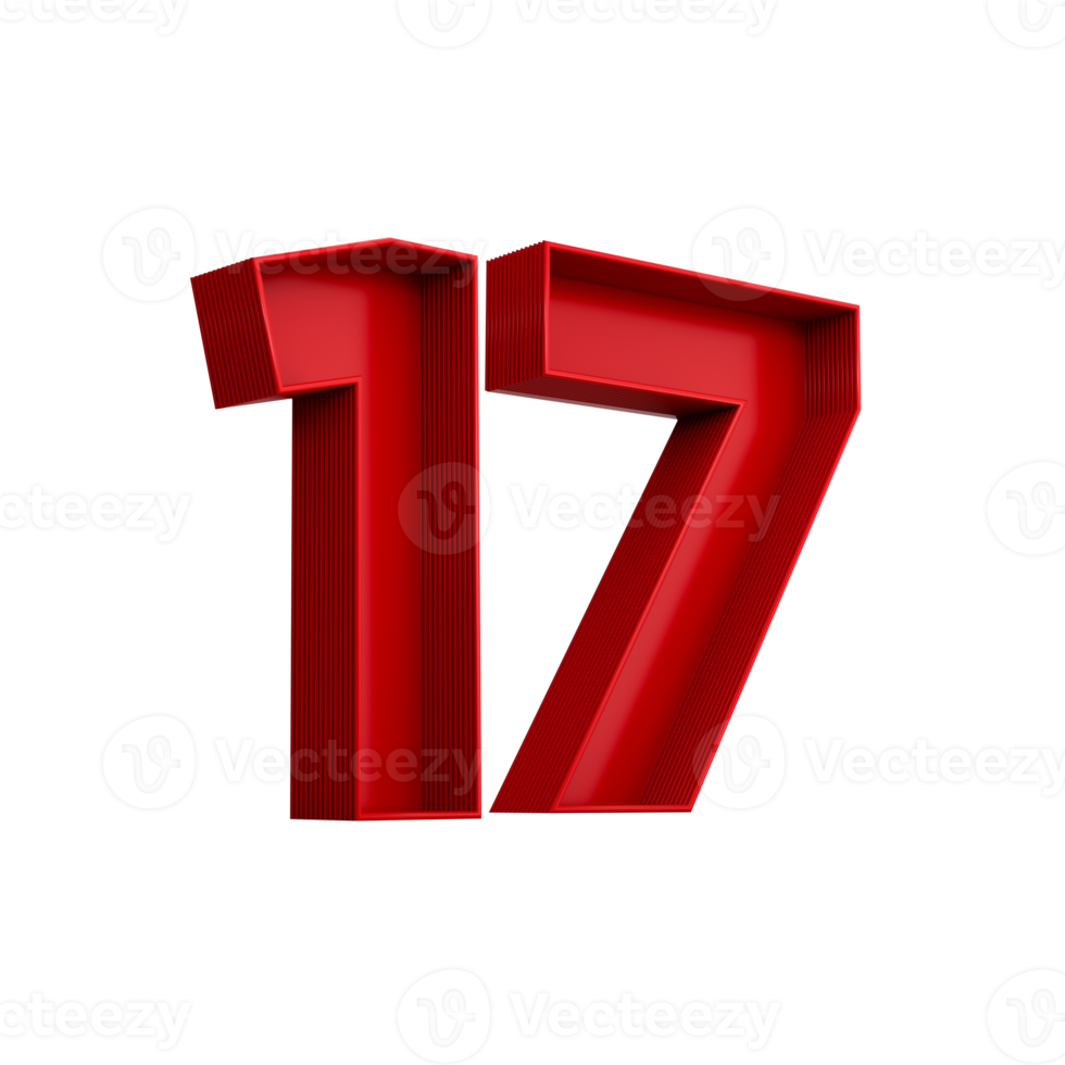 3d illustration of red number 17 or Seventeen inner shadow png