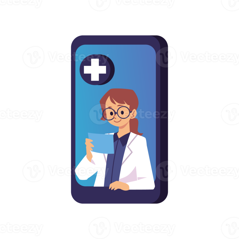 Pharmacist woman reads prescription, online drug store concept, flat illustration isolated png