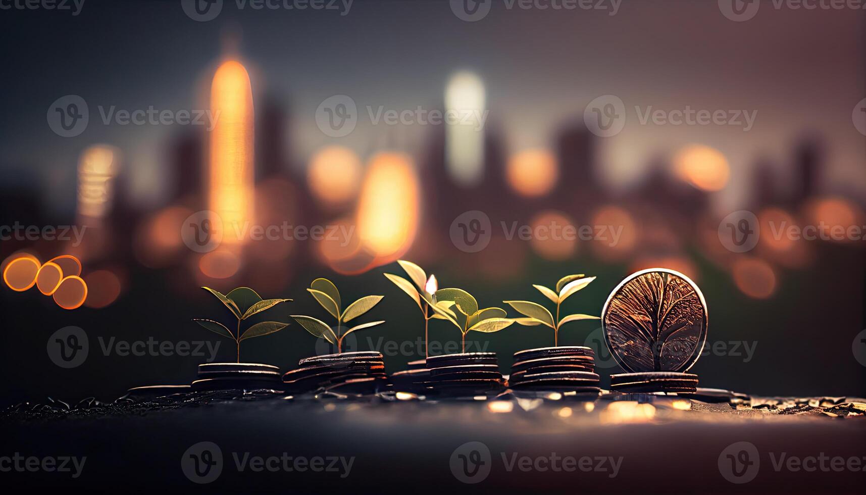 a row of stacks of coins with a plant growing out of them. Tree leaf on save money coins, Business finance saving banking investment concept photo