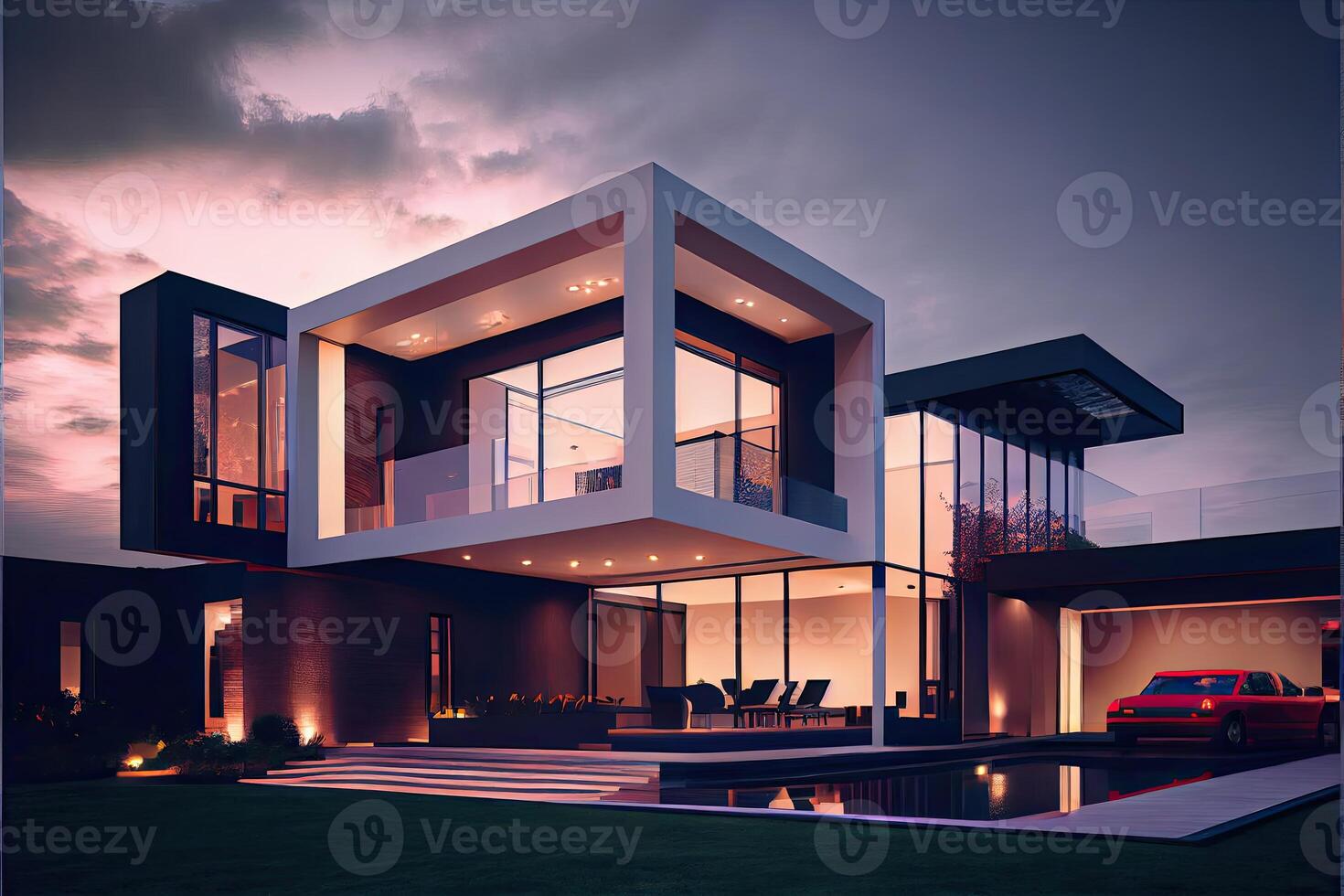 Evening view of a luxurious modern house photo