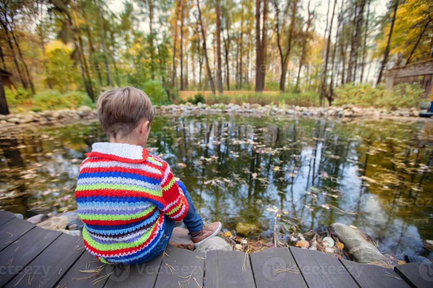 Child on an autumn walk. The boy sits on a background of autumn nature. photo