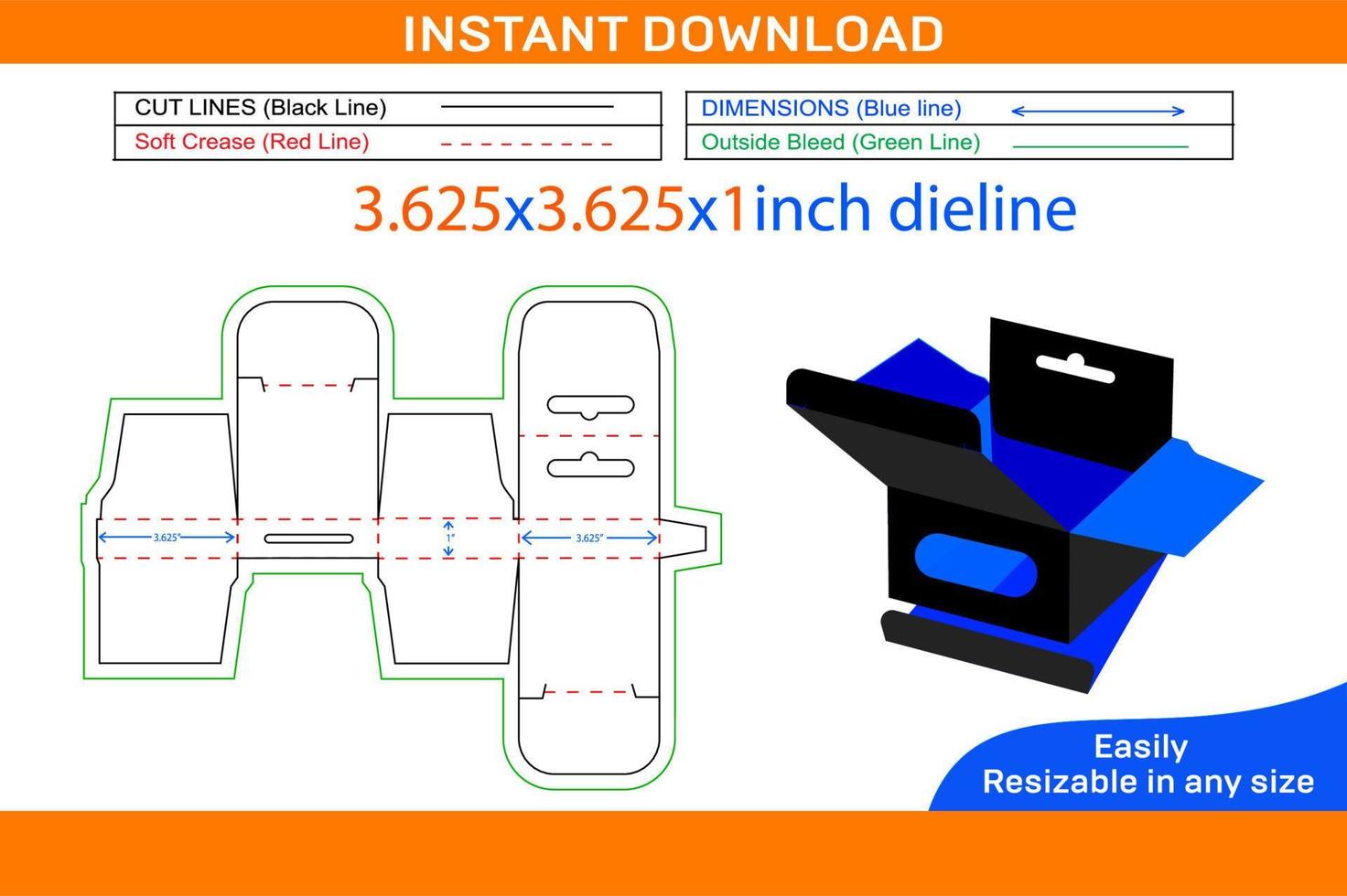 Mobile charger Hanging window box 3.625x3.625x1 inch dieline template and 3D render file 1 vector